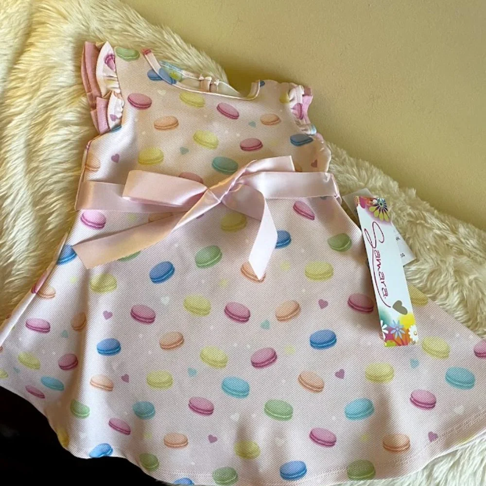 Samara Macaron Print Dress w/ Satin Ribbon, 6-9 Months